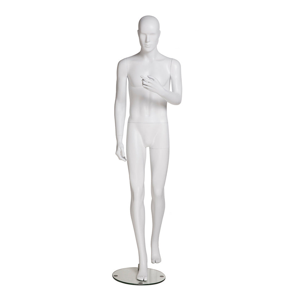 Male Mannequin with Abstract Head in Walking Position: Matte White