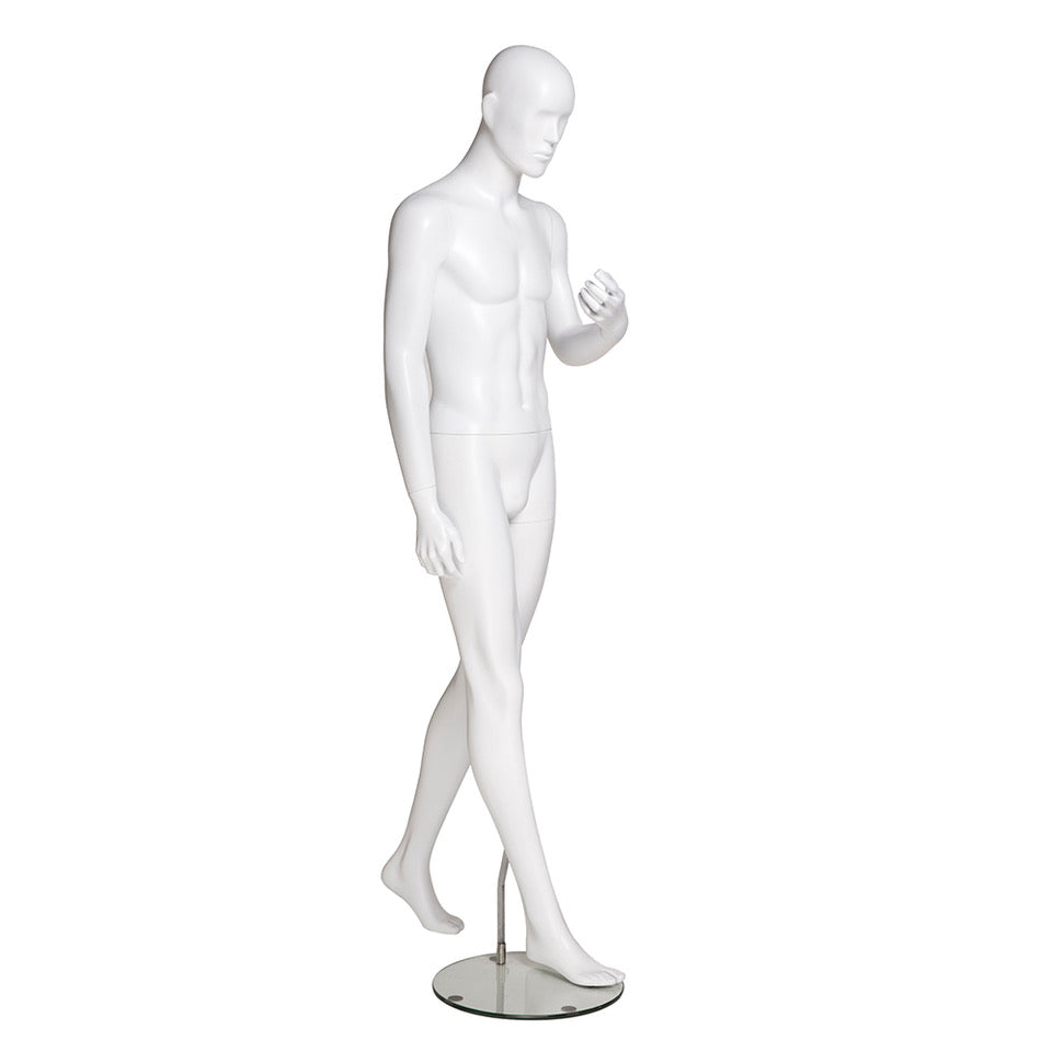 Male Mannequin with Abstract Head in Walking Position: Matte White