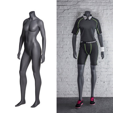 Sports Headless Female Mannequin With Arms At Side: Matte Grey