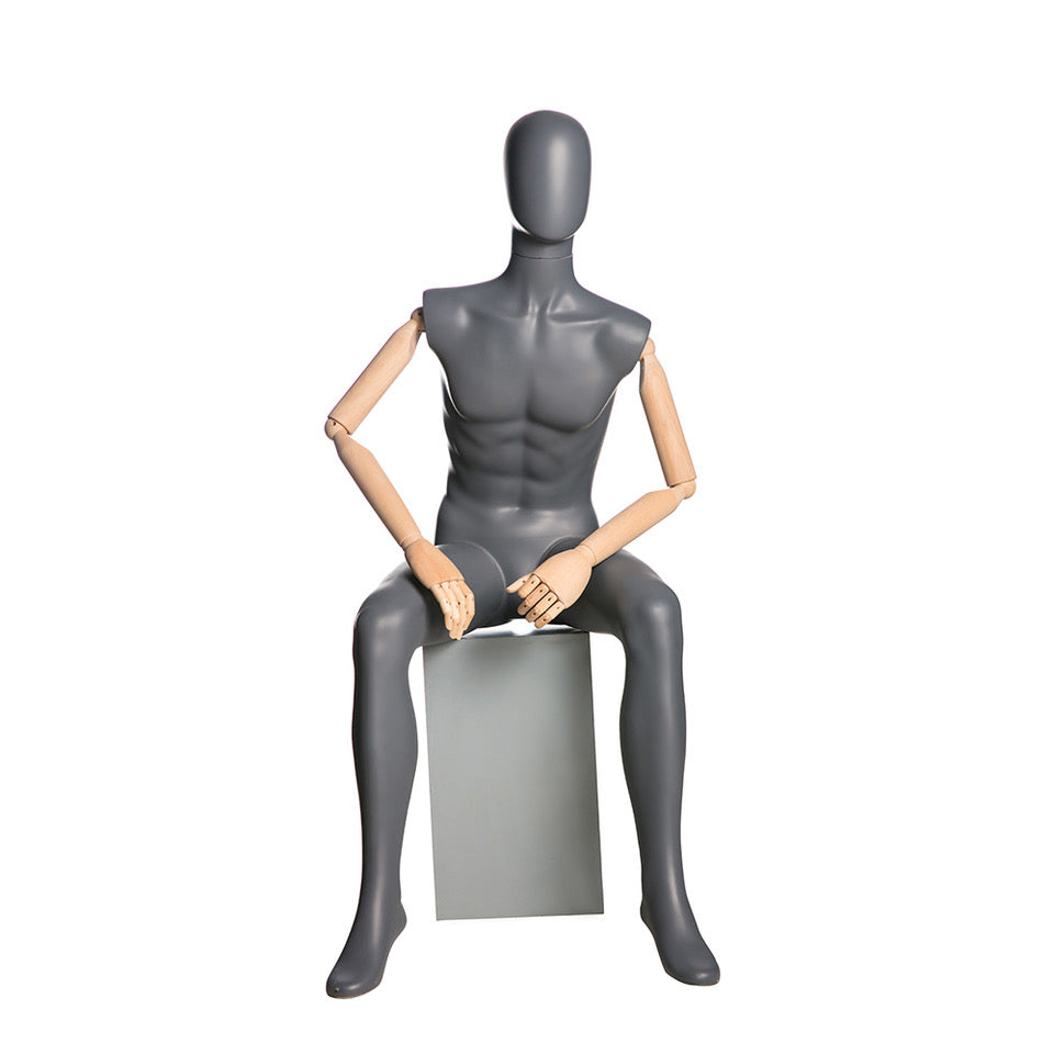 Egghead Male Full Body Mannequin with Wooden Arms 4 in Sitting Position: Matte Grey