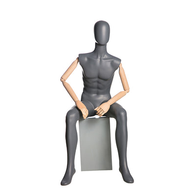 Egghead Male Full Body Mannequin with Wooden Arms 4 in Sitting Position: Matte Grey