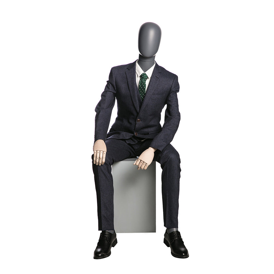 Egghead Male Full Body Mannequin with Wooden Arms 4 in Sitting Position: Matte Grey