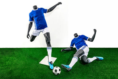 Soccer Playing Male Mannequin in Dribbling Pose: Silver/Matte Grey