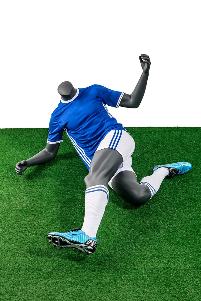 Soccer Playing Male Mannequin in Tackling Pose: Silver/Matte Grey