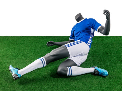 Soccer Playing Male Mannequin in Tackling Pose: Silver/Matte Grey