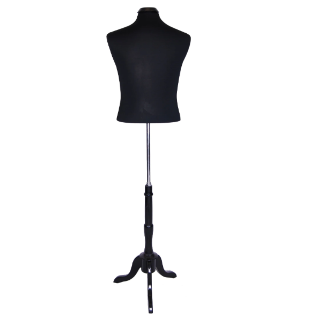 Male Dress Form 2: Black Jersey on Black Tripod Base