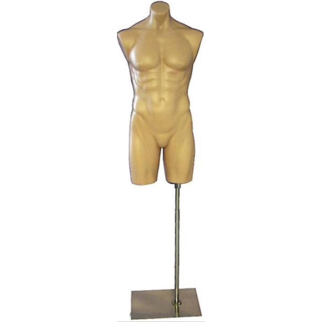 Plastic Male 3/4 Mannequin Torso Tan: With  Stand