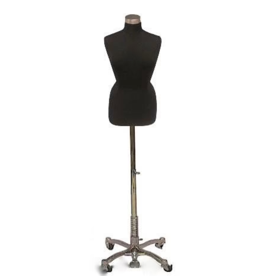 Plus-Size Body Form:Black Jersey on Chrome Wheeled Base,  Size 14/16
