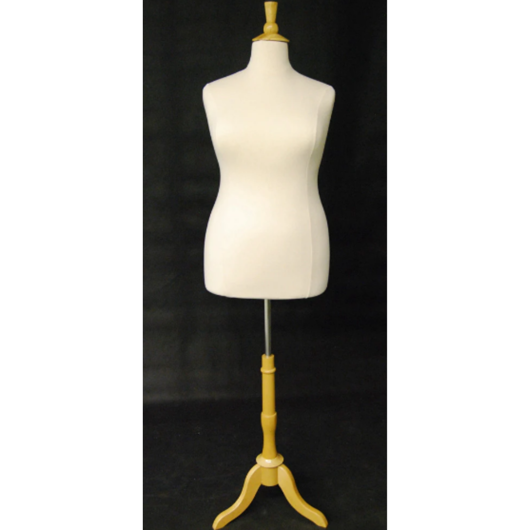 Size 14/16 Plus Size Body Form White Jersey with Tripod Base - Natural Wood