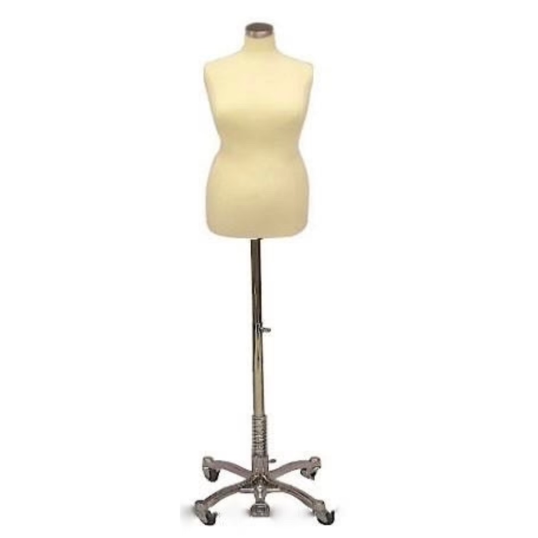 Plus-Size Female Body Form: White Jersey on Chrome Wheeled Base, Size 18/20