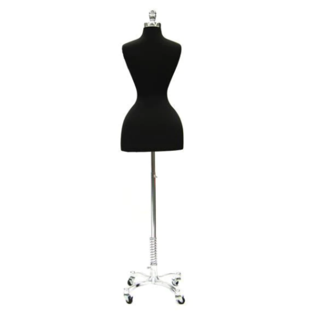 Wasp Waist Corset Dress Form: Black Jersey on Chrome Wheeled Base