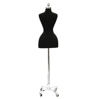 Wasp Waist Corset Dress Form: Black Jersey on Chrome Wheeled Base