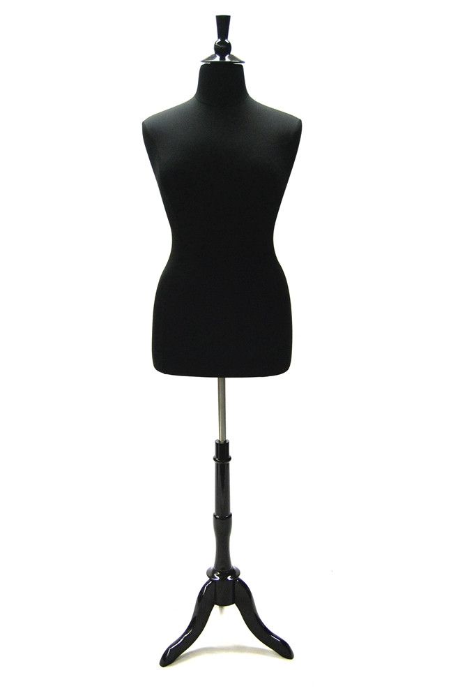 Female French Dress Form: Black Jersey on Black Wooden Tripod Base