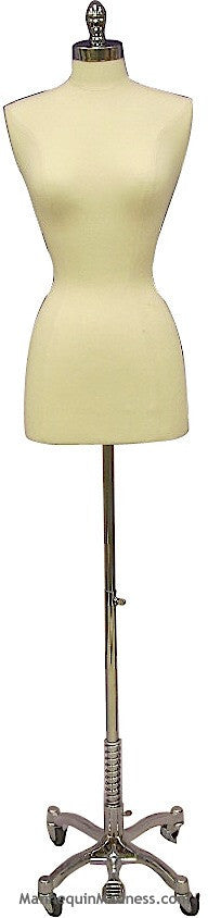 Female French Dress Form -- White Jersey with Chrome Wheeled Base