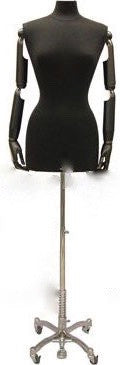 Female Dress Form with Bendable Arms: Black Jersey, Wheel Base