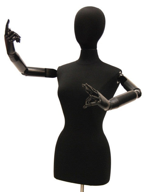 Female Dress Form with Bendable Arms: Black Jersey on Caster Wheel Bas –  Mannequin Madness