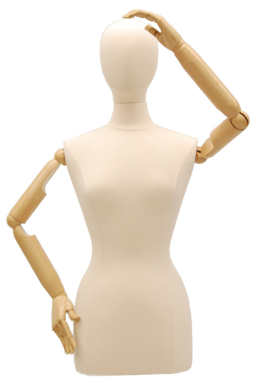 Female Dress Form with Bendable Arms: White Jersey, Wooden Tripod Base