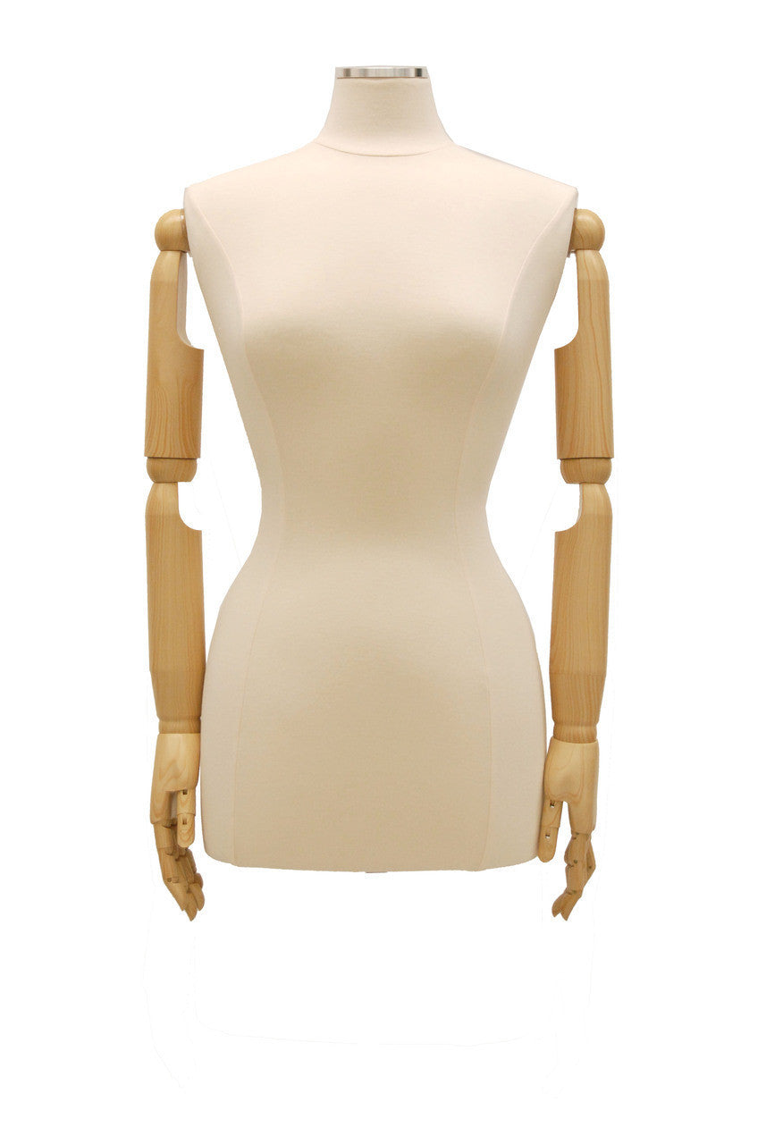 Female Dress Form with Bendable Arms: White Jersey, Wooden Tripod Base