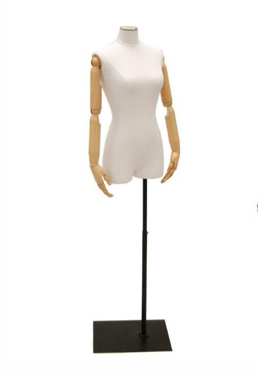 Female Half-Leg Dress Form with Bendable Arms: White Jersey on Metal Base