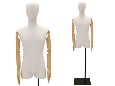 Male Dress Form with Bendable Arms & Half Leg: White Linen