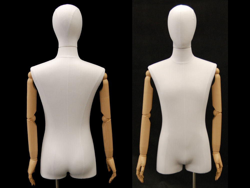 Male Dress Form with Bendable Arms & Half Leg: White Linen
