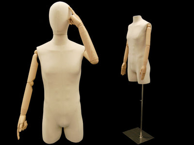 Male Dress Form with Bendable Arms & Half Leg: Linen