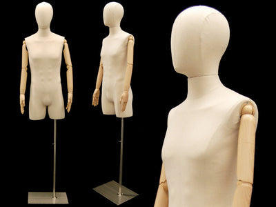 Male Dress Form with Bendable Arms & Half Leg: Linen