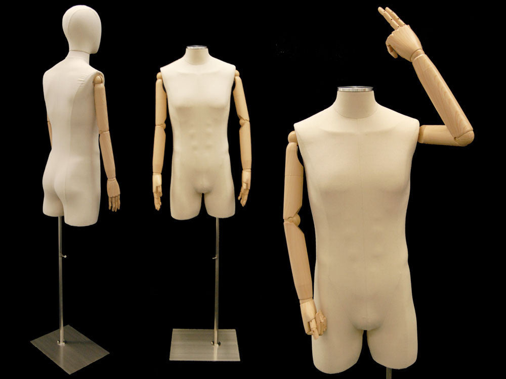 Male Dress Form with Bendable Arms & Half Leg: Linen