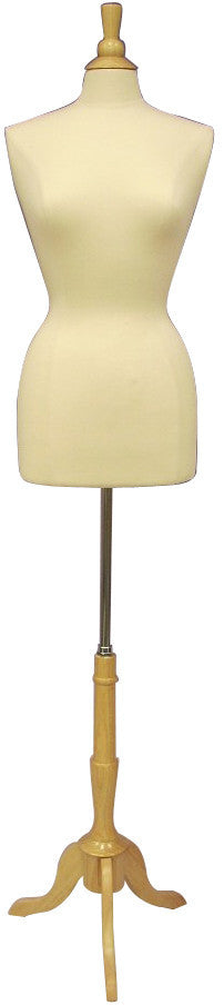 Female French Dress Form -- White Jersey with Natural Wood Tripod Base