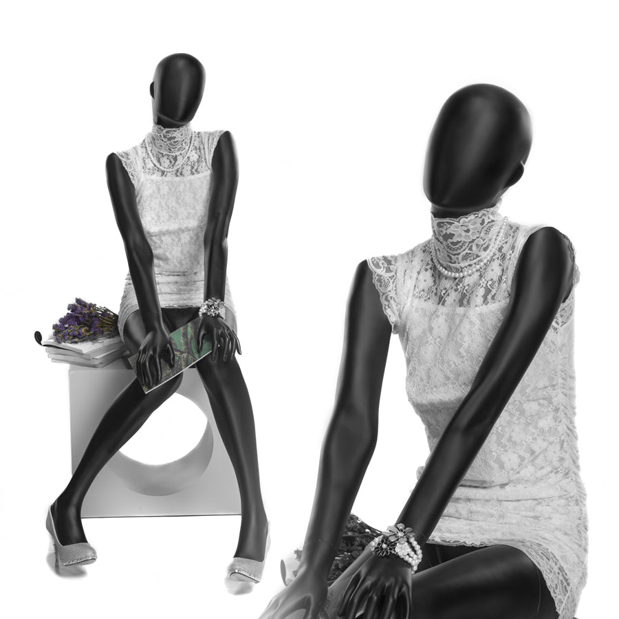 Sybil 1: Seated Mannequin -- Satin Black Female Egghead Mannequin